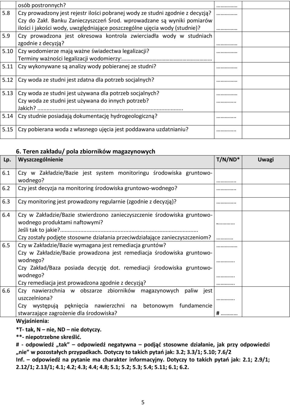 Terminy ważności legalizacji wodomierzy:... 5.11 Czy wykonywane są analizy wody pobieranej ze studni? 5.12 Czy woda ze studni jest zdatna dla potrzeb socjalnych? 5.13 Czy woda ze studni jest używana dla potrzeb socjalnych?
