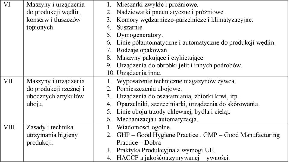 Rodzaje opakowań. 8. Maszyny pakujące i etykietujące. 9. Urządzenia do obróbki jelit i innych podrobów. 10. Urządzenia inne. 1. Wyposażenie techniczne magazynów żywca. 2. Pomieszczenia ubojowe. 3.