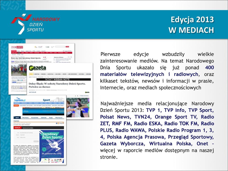 Internecie, oraz mediach społecznościowych Najważniejsze media relacjonujące Narodowy Dzień Sportu 2013: TVP 1, TVP Info, TVP Sport, Polsat News, TVN24,