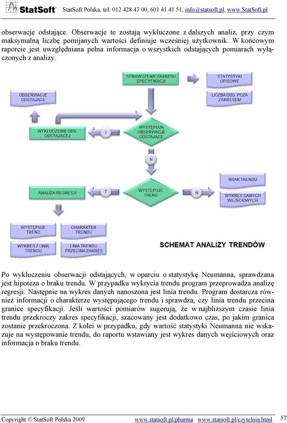 Po wykluczeniu obserwacji odstających, w oparciu o statystykę Neumanna, sprawdzana jest hipoteza o braku trendu. W przypadku wykrycia trendu program przeprowadza analizę regresji.