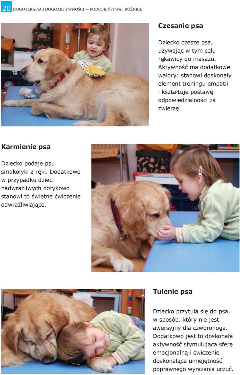 Karmienie psa Dziecko podaje psu smakołyki z ręki. Dodatkowo w przypadku dzieci nadwrażliwych dotykowo stanowi to świetne ćwiczenie odwrażliwiające.