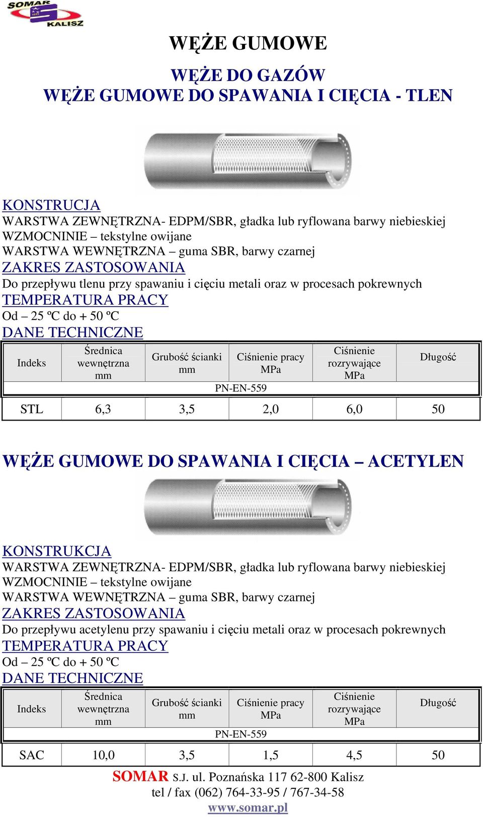 2,0 6,0 50 WĘŻE GUMOWE DO SPAWANIA I CIĘCIA ACETYLEN WARSTWA ZEWNĘTRZNA- EDPM/SBR, gładka lub ryflowana barwy niebieskiej WZMOCNINIE tekstylne owijane WARSTWA WEWNĘTRZNA gua