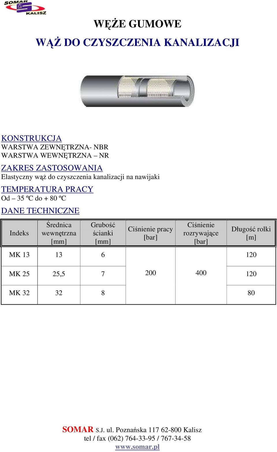 kanalizacji na nawijaki Od 35 ºC do + 80 ºC [] Grubość