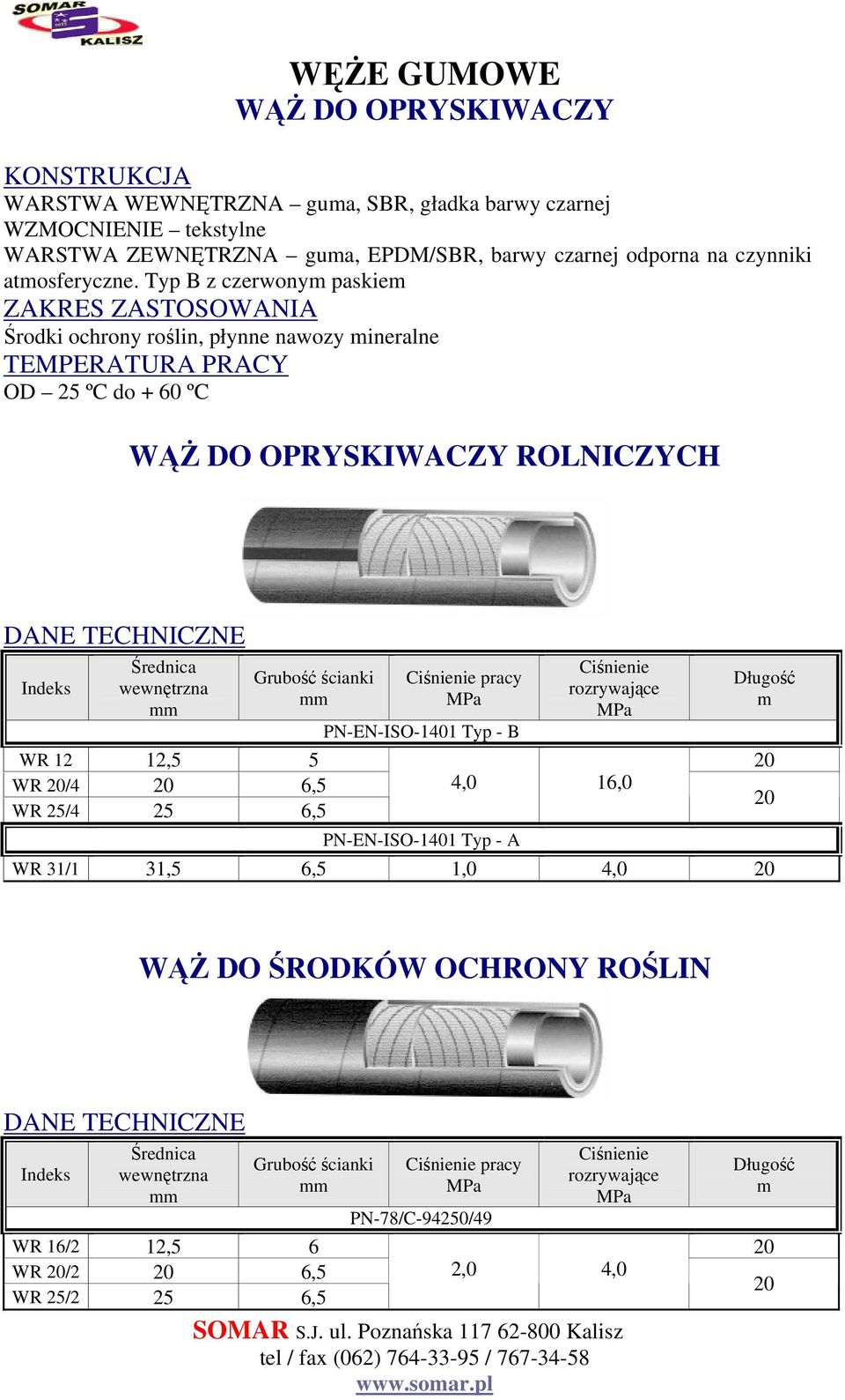 Typ B z czerwony paskie Środki ochrony roślin, płynne nawozy ineralne OD 25 ºC do + 60 ºC WĄŻ DO OPRYSKIWACZY ROLNICZYCH Grubość ścianki