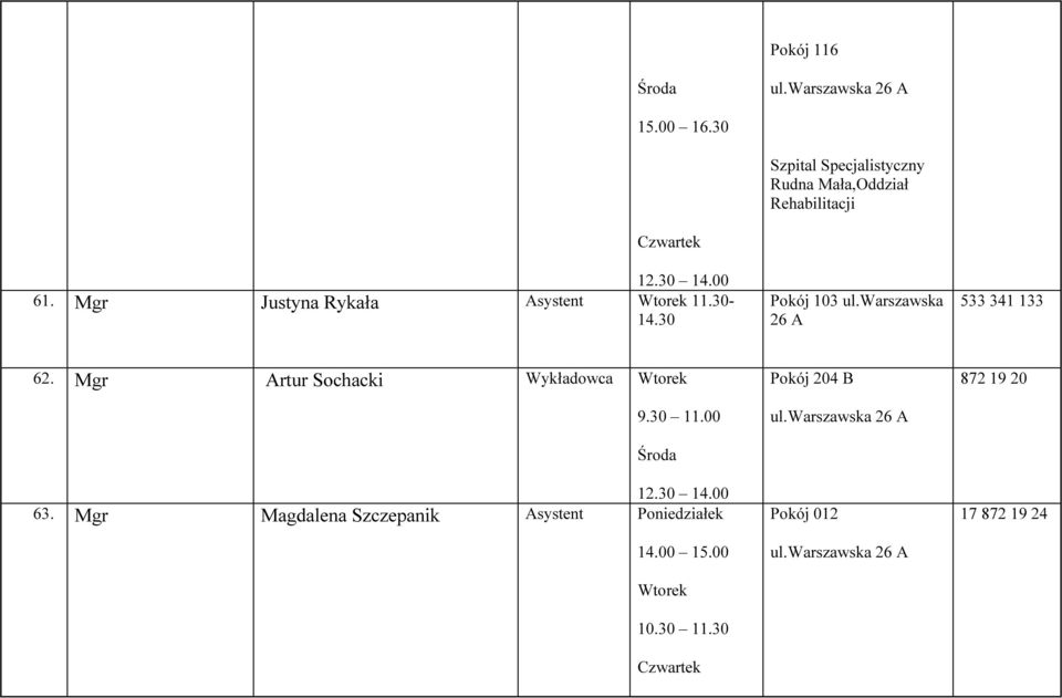 warszawska 26 A 533 341 133 62. Mgr Artur Sochacki Wykładowca 9.30 11.00 12.30 14.00 63.