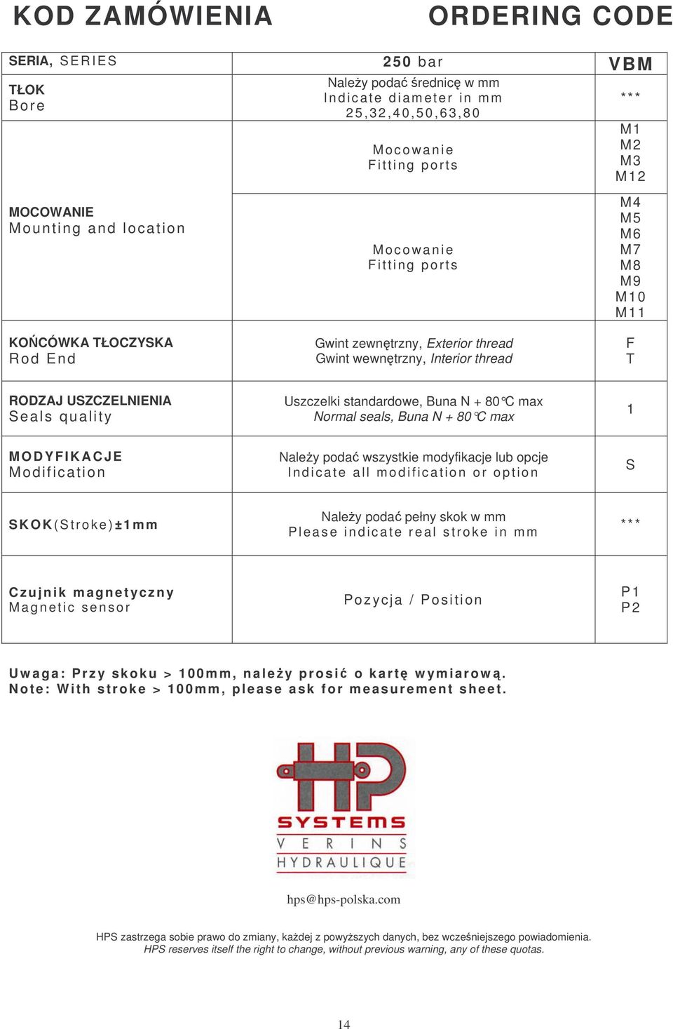 Uszczelki standardowe, Buna N + 80 C max Normal seals, Buna N + 80 C max 1 MODYFIKACJE Modification Należy podać wszystkie modyfikacje lub opcje Indicate all modification or option S SKOK(Stroke)±1mm