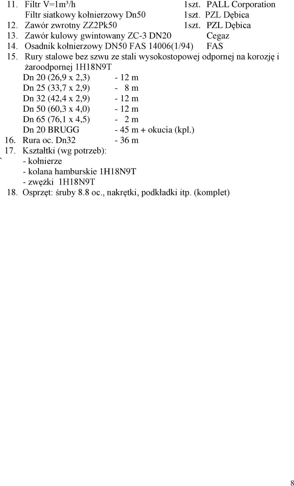 Rury stalowe bez szwu ze stali wysokostopowej odpornej na korozję i żaroodpornej 1H18N9T Dn 20 (26,9 x 2,3) - 12 m Dn 25 (33,7 x 2,9) - 8 m Dn 32 (42,4 x 2,9) - 12