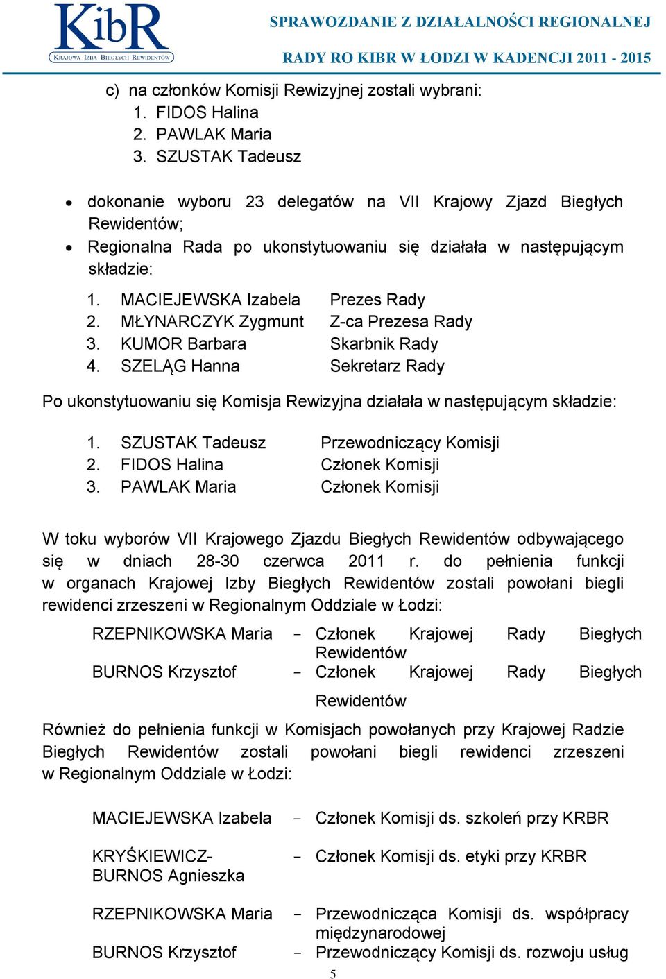 MŁYNARCZYK Zygmunt Z-ca Prezesa Rady 3. KUMOR Barbara Skarbnik Rady 4. SZELĄG Hanna Sekretarz Rady Po ukonstytuowaniu się Komisja Rewizyjna działała w następującym składzie: 1.