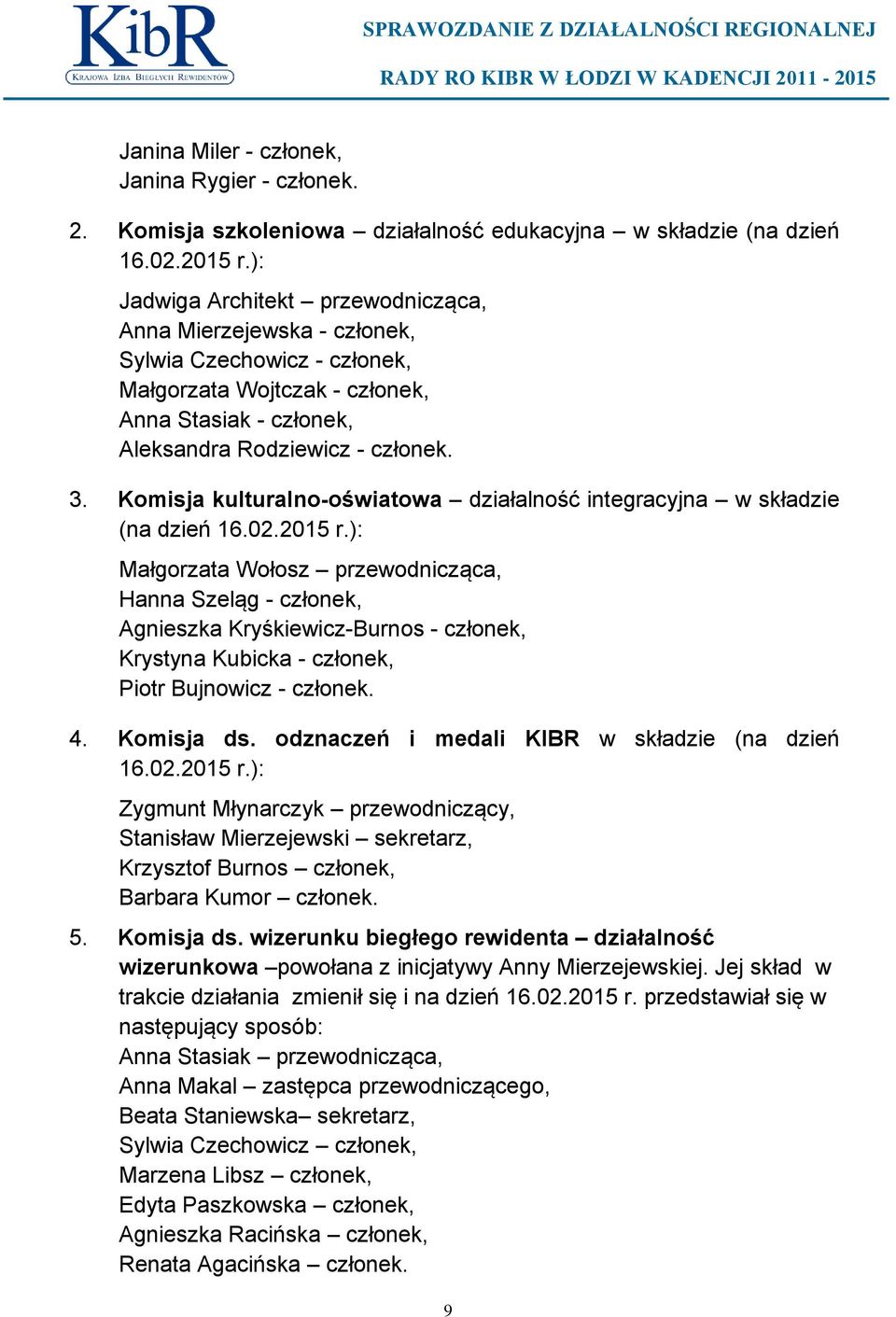 Komisja kulturalno-oświatowa działalność integracyjna w składzie (na dzień 16.02.2015 r.
