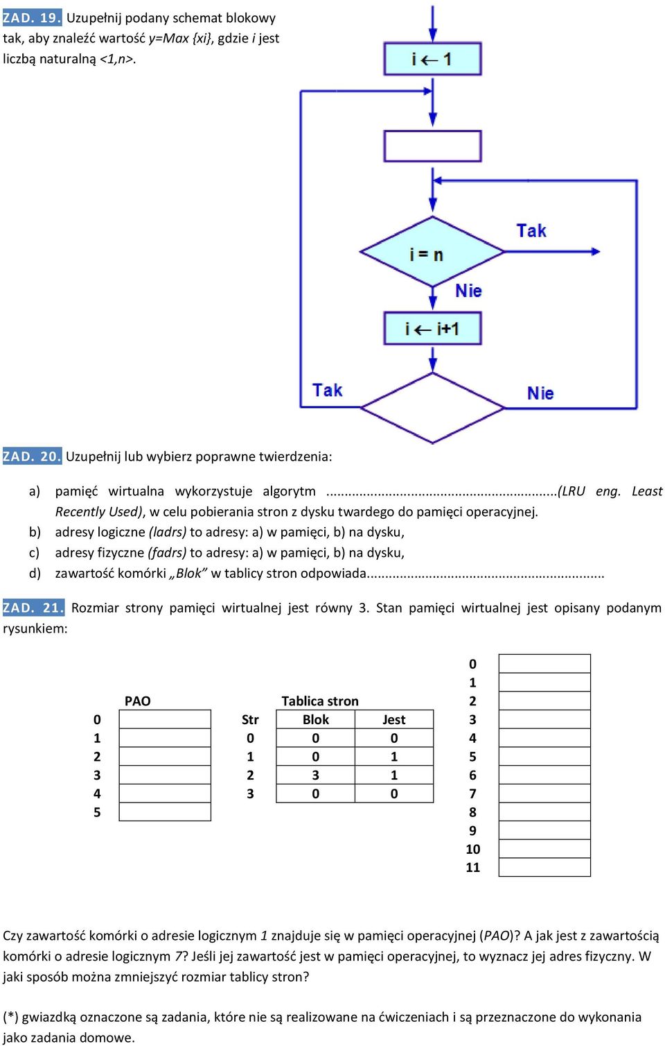 b) adresy logiczne (ladrs) to adresy: a) w pamięci, b) na dysku, c) adresy fizyczne (fadrs) to adresy: a) w pamięci, b) na dysku, d) zawartośd komórki Blok w tablicy stron odpowiada... ZAD. 21.