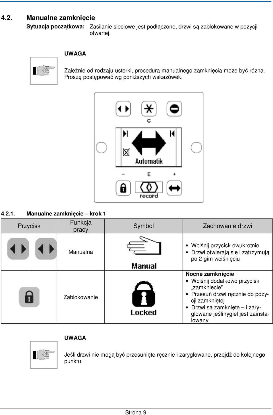 Manualne zamknięcie krok 1 Przycisk Funkcja pracy Symbol Zachowanie drzwi Manualna Wciśnij przycisk dwukrotnie Drzwi otwierają się i zatrzymują po 2-gim wciśnięciu