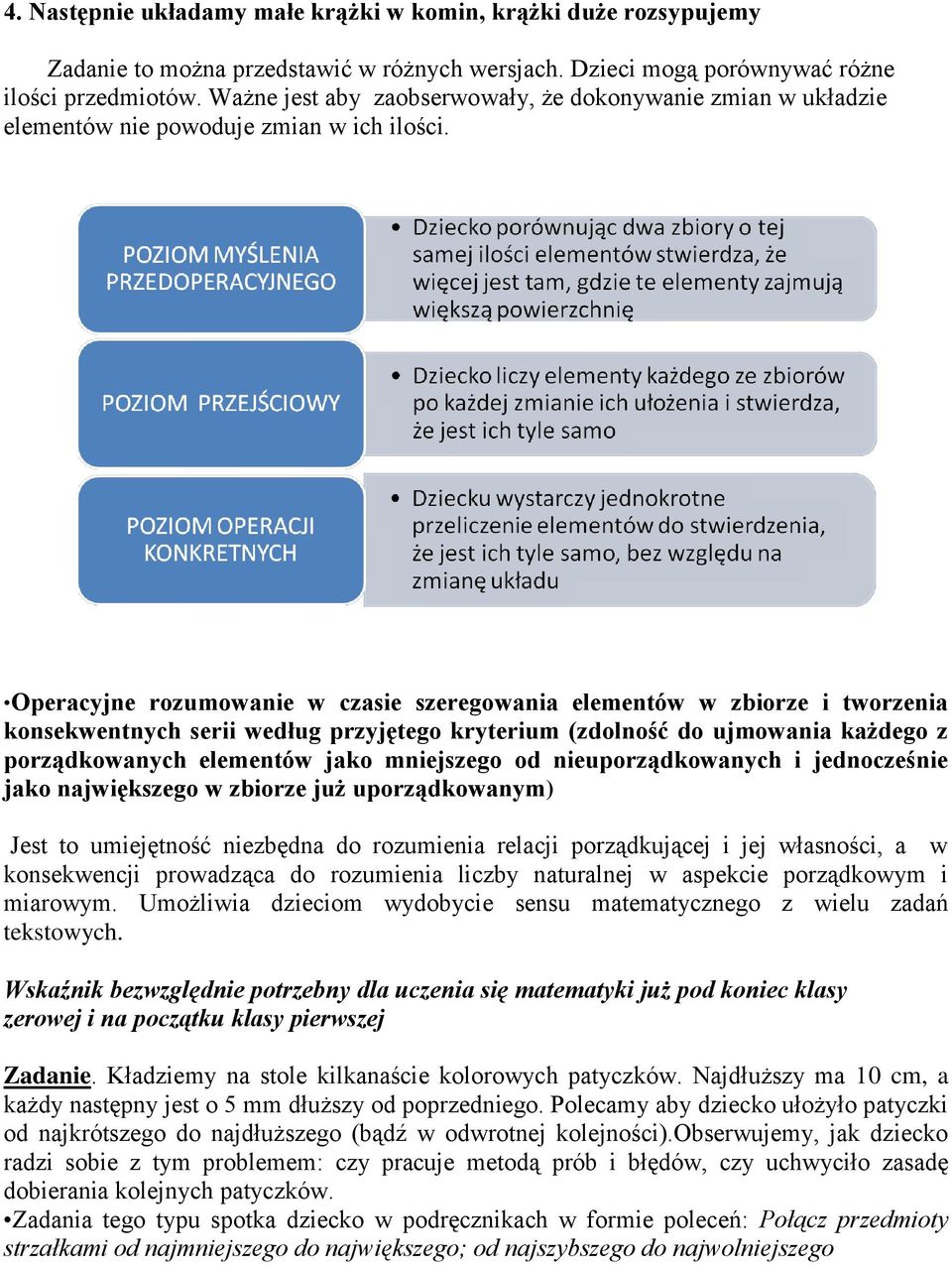 Operacyjne rozumowanie w czasie szeregowania elementów w zbiorze i tworzenia konsekwentnych serii według przyjętego kryterium (zdolność do ujmowania każdego z porządkowanych elementów jako mniejszego