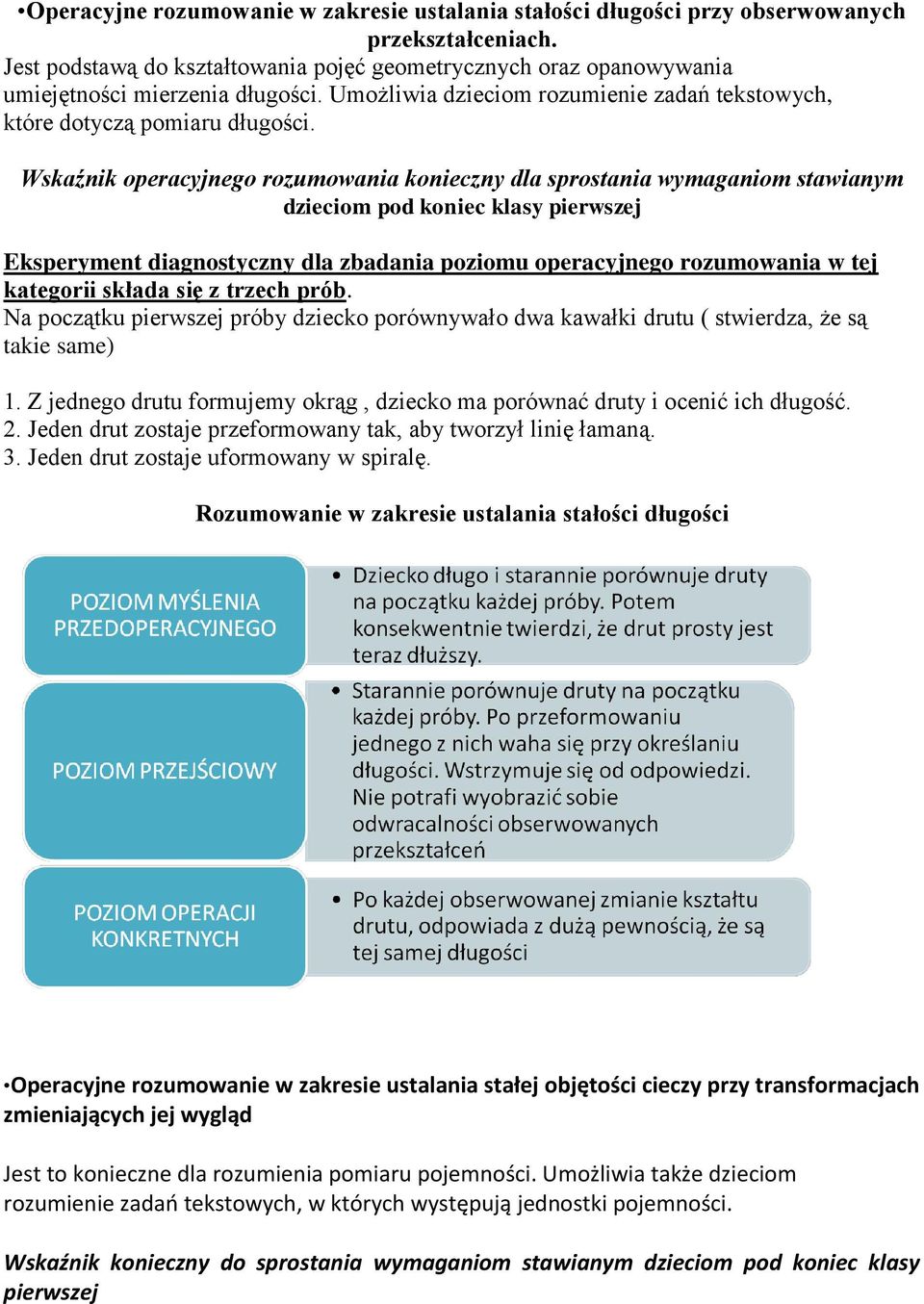 Wskaźnik operacyjnego rozumowania konieczny dla sprostania wymaganiom stawianym dzieciom pod koniec klasy pierwszej Eksperyment diagnostyczny dla zbadania poziomu operacyjnego rozumowania w tej