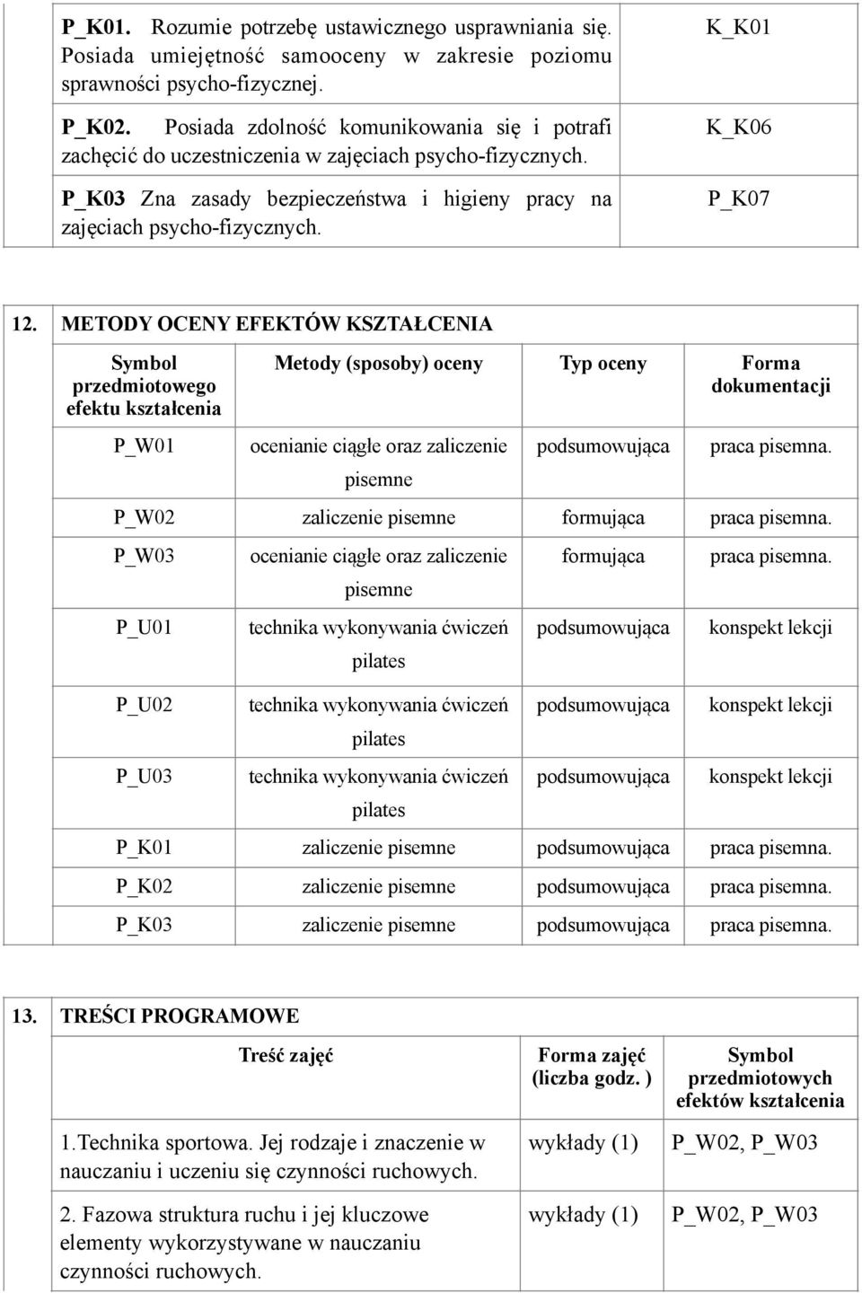 METODY OCENY EFEKTÓW KSZTAŁCENIA Symbol przedmiotowego efektu kształcenia P_W01 Metody (sposoby) oceny Typ oceny Forma dokumentacji ocenianie ciągłe oraz zaliczenie pisemne podsumowująca praca