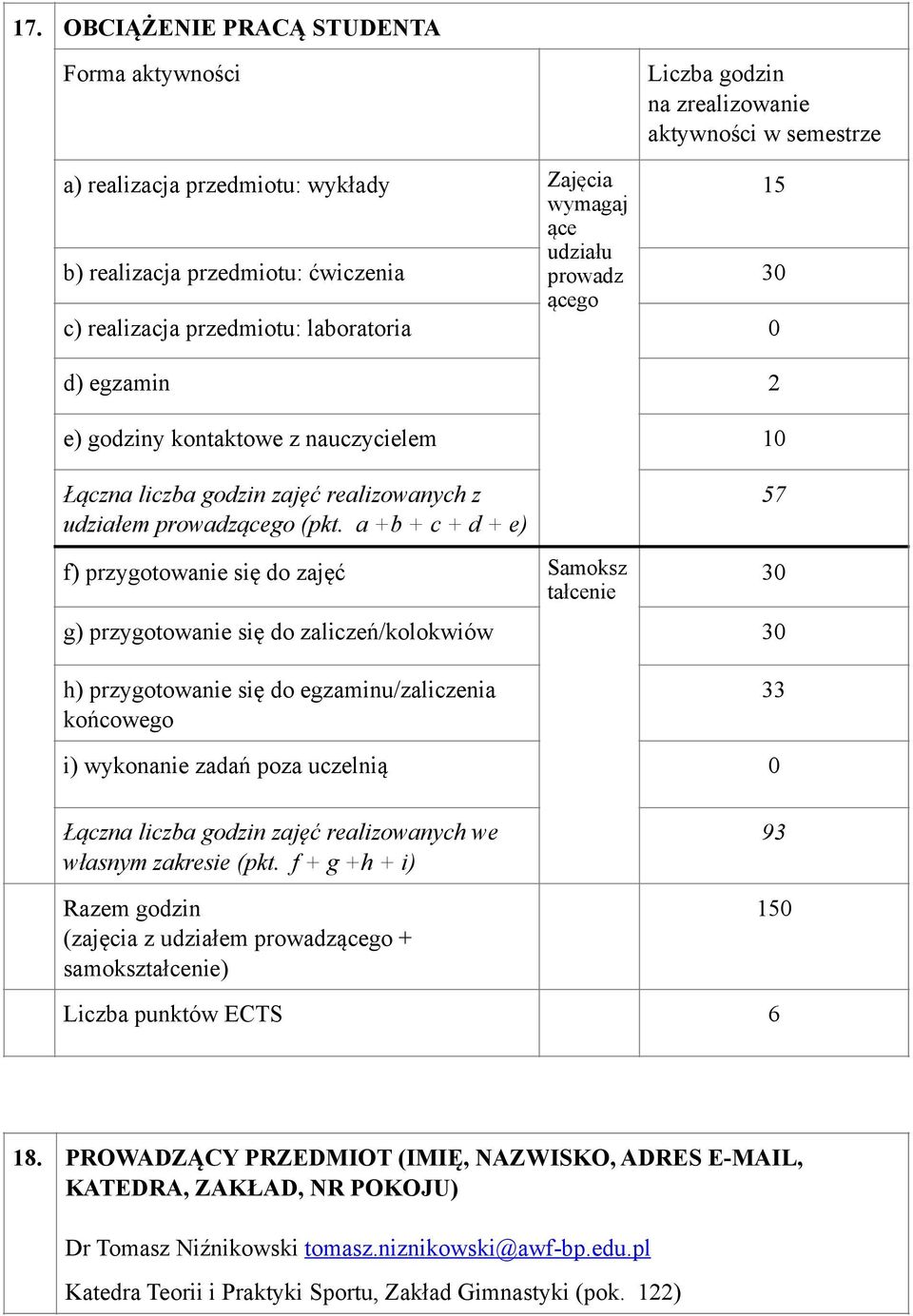 a +b + c + d + e) 57 f) przygotowanie się do zajęć Samoksz tałcenie g) przygotowanie się do zaliczeń/kolokwiów 30 30 h) przygotowanie się do egzaminu/zaliczenia końcowego 33 i) wykonanie zadań poza