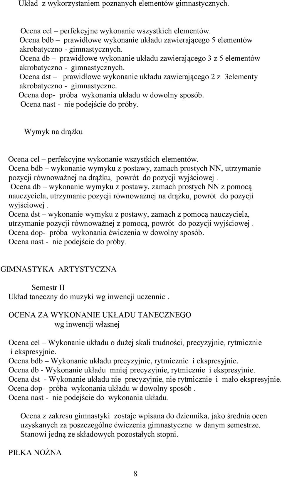 Ocena dop- próba wykonania układu w dowolny sposób. Wymyk na drążku Ocena bdb wykonanie wymyku z postawy, zamach prostych NN, utrzymanie pozycji równoważnej na drążku, powrót do pozycji wyjściowej.