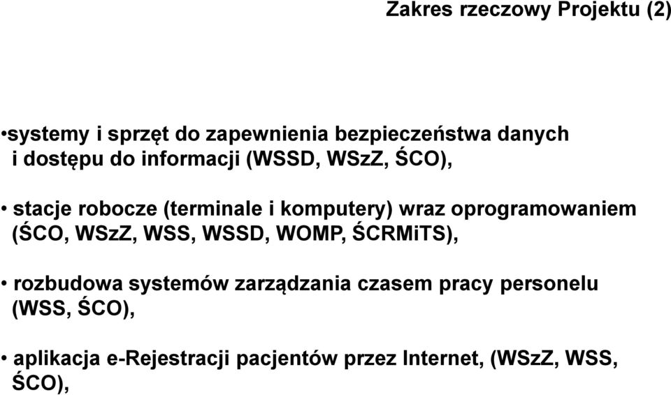 oprogramowaniem (ŚCO, WSzZ, WSS, WSSD, WOMP, ŚCRMiTS), rozbudowa systemów zarządzania