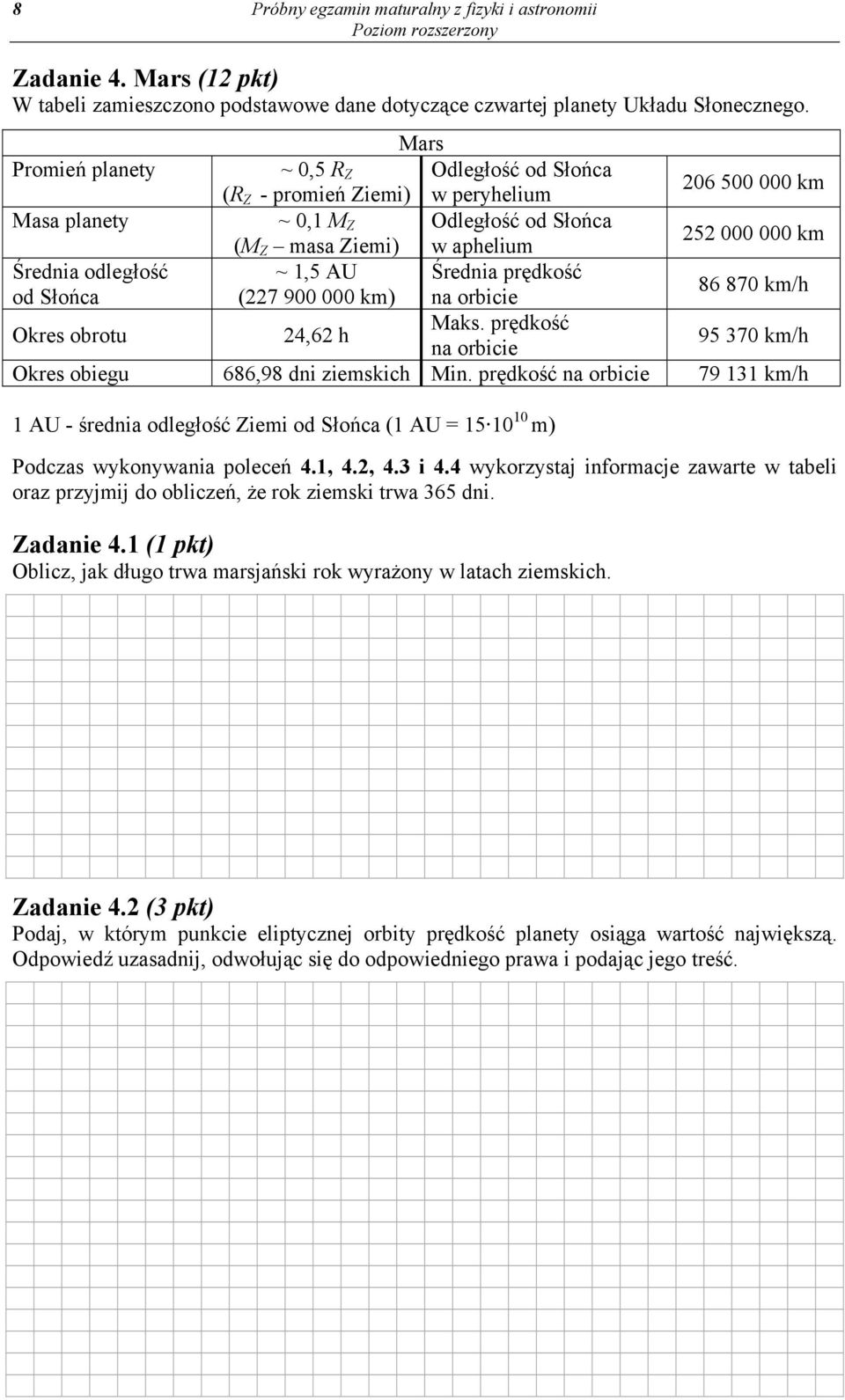 odległość ~ 1,5 AU Średnia prędkość od Słońca (227 900 000 km) na orbicie 86 870 km/h Okres obrotu 24,62 h Maks. prędkość na orbicie 95 370 km/h Okres obiegu 686,98 dni ziemskich Min.