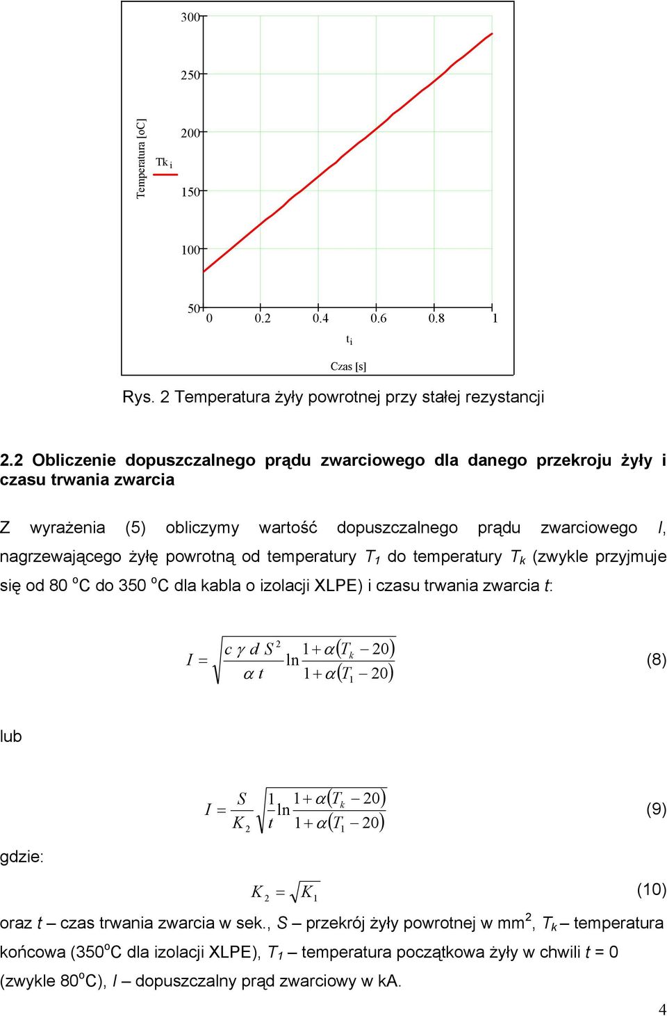 żyłę powroną od emperaury T do emperaury T k (zwykle przyjmuje się od 80 o C do 350 o C dla kabla o izolacji XLPE) i czasu rwania zwarcia : I c γ d + + 0) ( T 0) (8) lub I K +