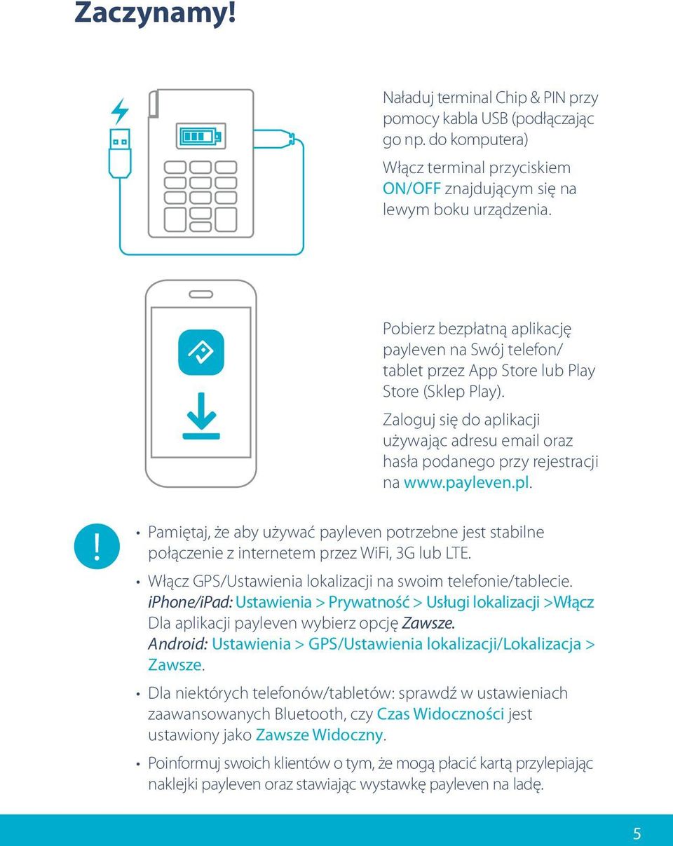 payleven.pl. Pamiętaj, że aby używać payleven potrzebne jest stabilne połączenie z internetem przez WiFi, 3G lub LTE. Włącz GPS/Ustawienia lokalizacji na swoim telefonie/tablecie.