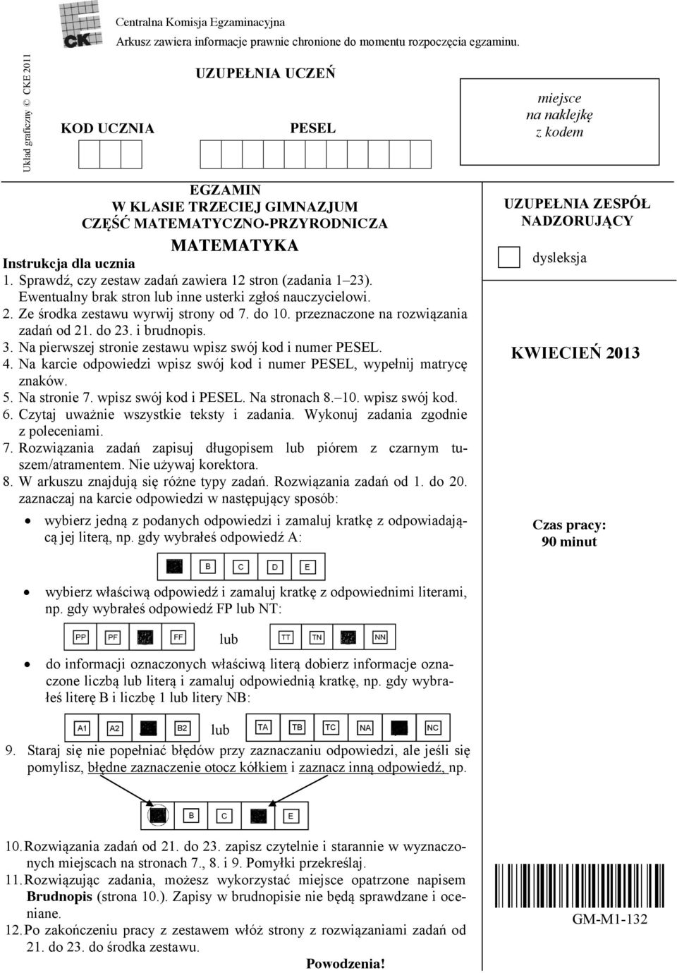 MATEMATYCZNO-PRZYRODNICZA MATEMATYKA Instrukcja dla ucznia