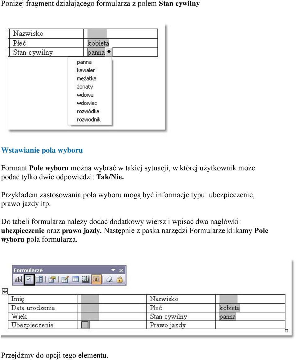 Przykładem zastosowania pola wyboru mogą być informacje typu: ubezpieczenie, prawo jazdy itp.
