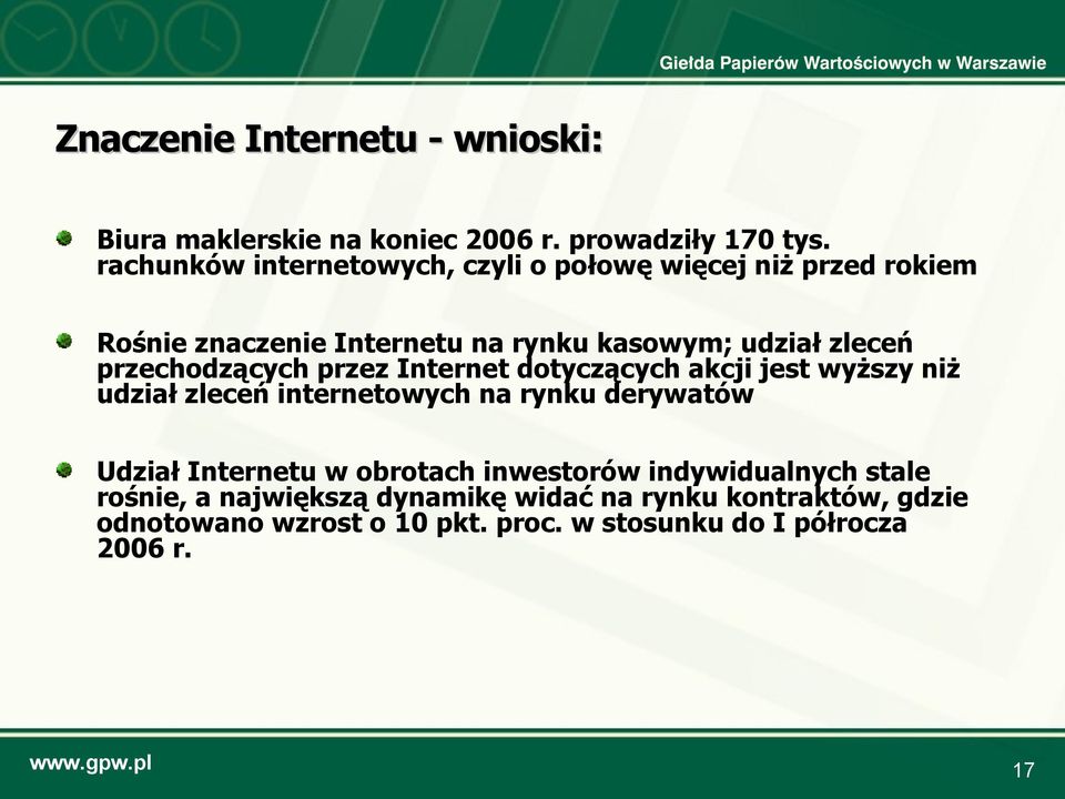 przechodzących przez Internet dotyczących akcji jest wyższy niż udział zleceń internetowych na rynku derywatów Udział Internetu