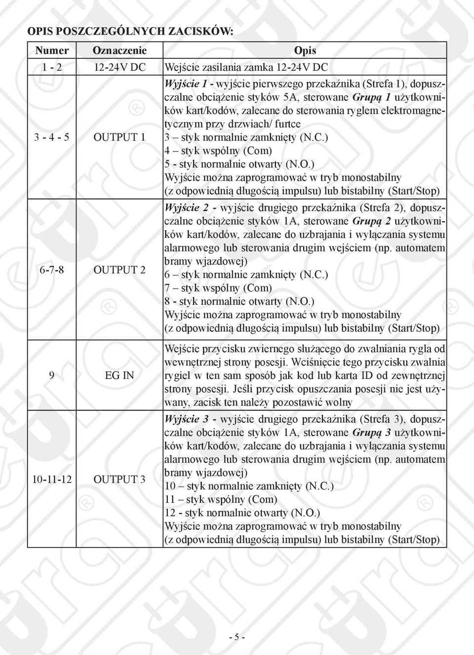 zamknięty (N.C.) 4 styk wspólny (Com) 5 - styk normalnie otwarty (N.O.