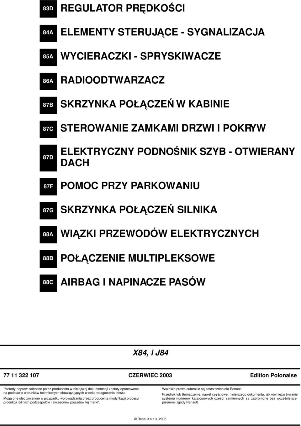 322 107 CZERWIEC 2003 Edition Polonaise "Metody napraw zalecane przez producenta w niniejszej dokumentacji zostały opracowane na podstawie warunków technicznych obowiązujących w dniu redagowania