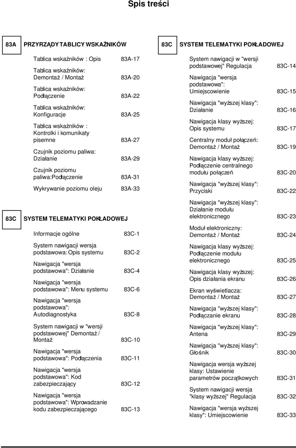 poziomu oleju 83A-33 SYSTEM TELEMATYKI POKŁADOWEJ Informacje ogólne 83C-1 System nawigacji wersja podstawowa: Opis systemu 83C-2 Nawigacja "wersja podstawowa": Działanie 83C-4 Nawigacja "wersja