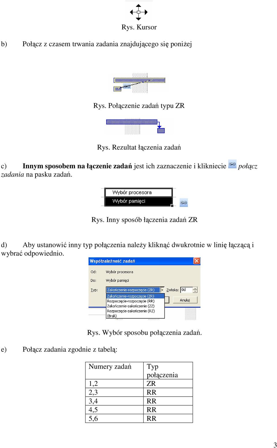 Rys. Inny sposób łączenia zadań ZR d) Aby ustanowić inny typ połączenia naleŝy kliknąć dwukrotnie w linię łączącą i wybrać