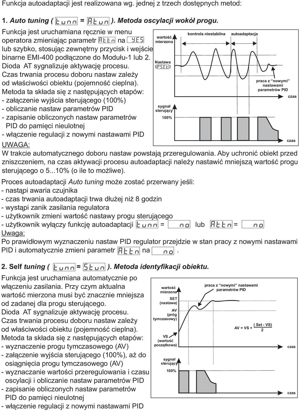 Dioda sygnalizuje aktywację procesu. Czas trwania procesu doboru nastaw zależy od właściwości obiektu (pojemność cieplna).