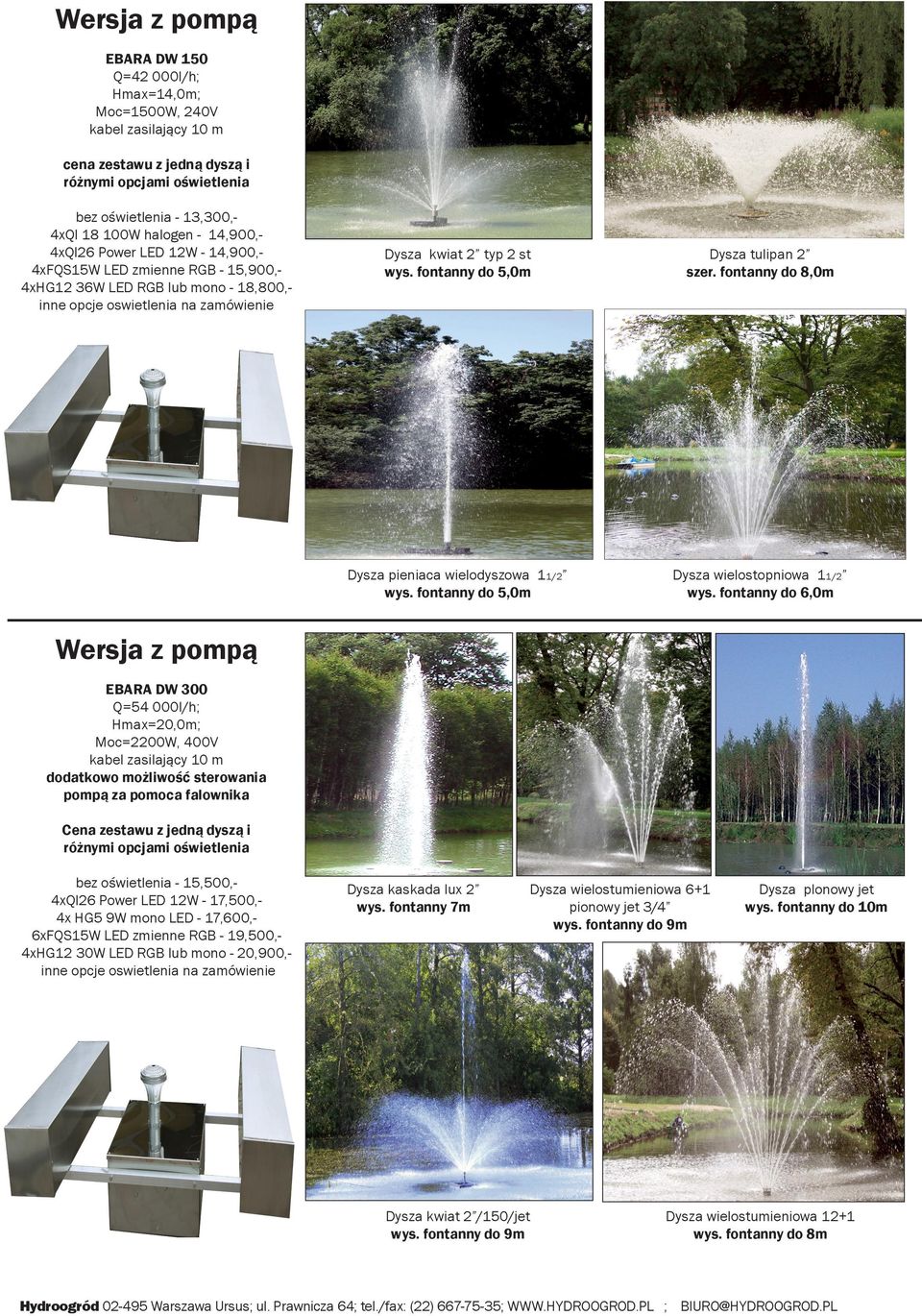 fontanny do 6,0m EBARA DW 300 Q=54 000l/h; Hmax=20,0m; Moc=2200W, 400V dodatkowo możliwość sterowania pompą za pomoca falownika Cena zestawu z jedną dyszą i bez oświetlenia - 15,500,4xQl26 Power LED