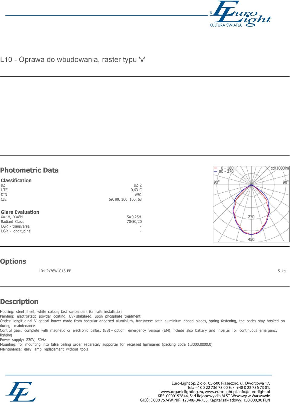phosphate treatment Optics: longitudinal V optical louver made from specular anodised aluminium, transverse satin aluminium ribbed blades, spring fastening, the optics stay hooked on during