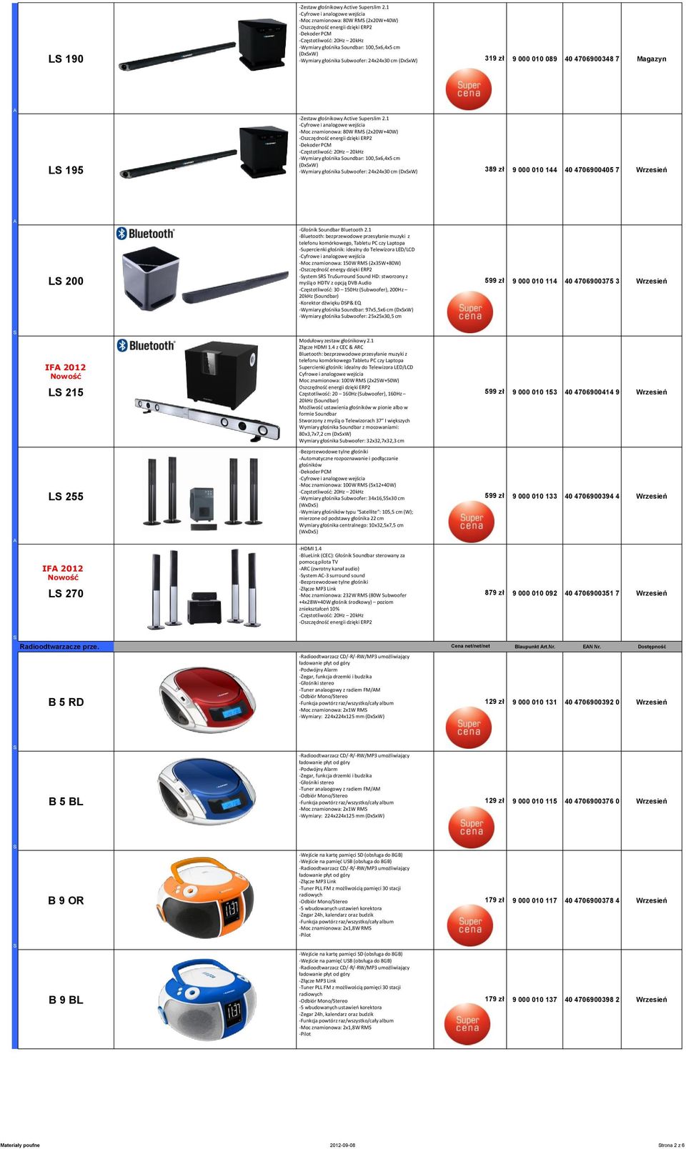 -Moc znamionowa: 80W RM (2x20W+40W) -Dekoder PCM -Wymiary głośnika oundbar: 100,5x6,4x5 cm (DxxW) L 195 -Wymiary głośnika ubwoofer: 24x24x30 cm (DxxW) 389 zł 9 000 010 144 40 4706900405 7 Wrzesień