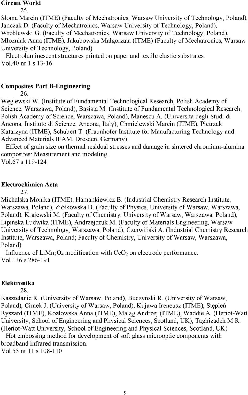 Electroluminescent structures printed on paper and textile elastic substrates. Vol.40 nr 1 s.13-16 Composites Part B-Engineering 26. Węglewski W.