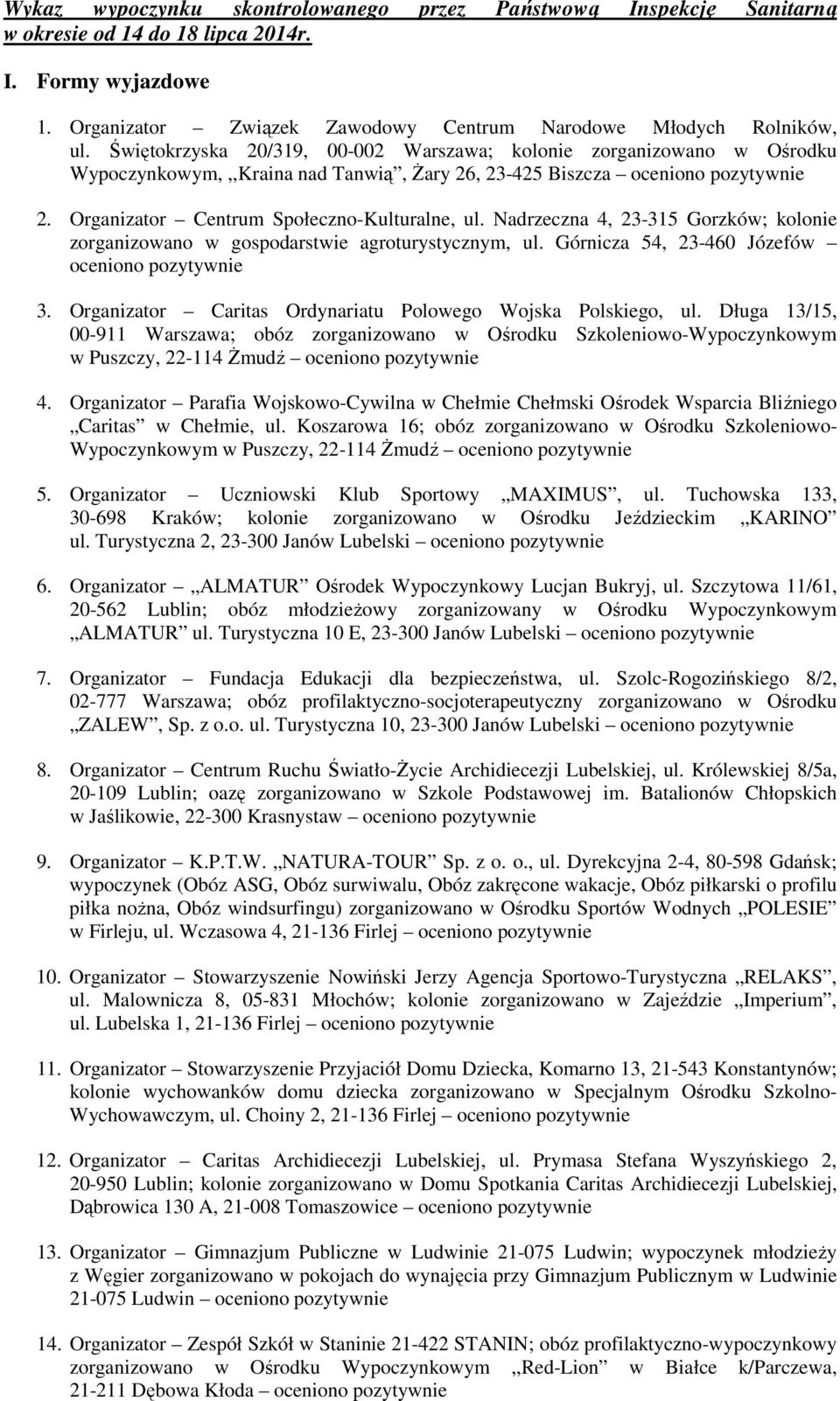 Nadrzeczna 4, 23-315 Gorzków; kolonie zorganizowano w gospodarstwie agroturystycznym, ul. Górnicza 54, 23-460 Józefów oceniono pozytywnie 3.