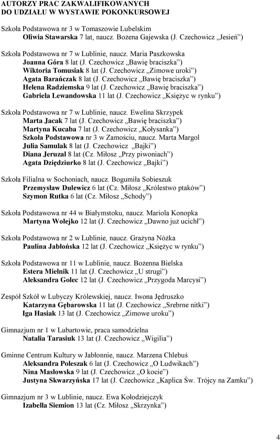 Czechowicz Bawię braciszka ) Helena Radziemska 9 lat (J. Czechowicz Bawię braciszka ) Gabriela Lewandowska 11 lat (J. Czechowicz Księżyc w rynku ) Szkoła Podstawowa nr 7 w Lublinie, naucz.