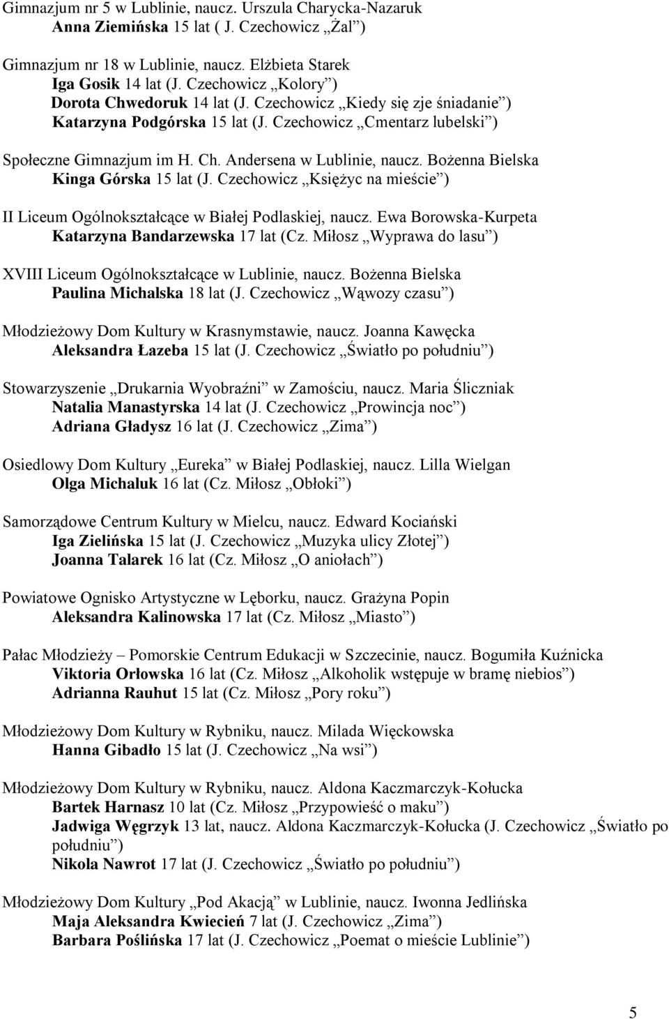 Bożenna Bielska Kinga Górska 15 lat (J. Czechowicz Księżyc na mieście ) II Liceum Ogólnokształcące w Białej Podlaskiej, naucz. Ewa Borowska-Kurpeta Katarzyna Bandarzewska 17 lat (Cz.