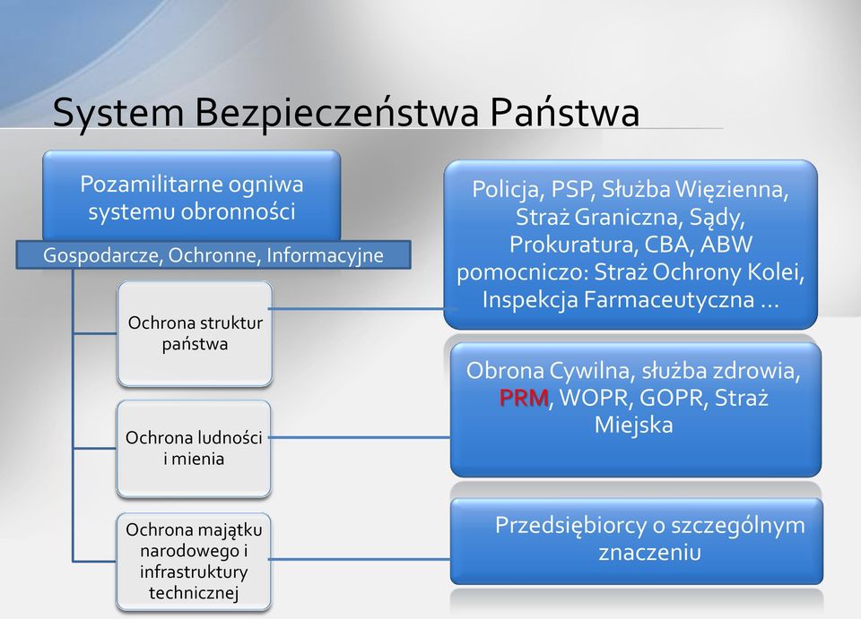 rokuratura, CBA, ABW pomocniczo: Straż Ochrony Kolei, Inspekcja Farmaceutyczna Obrona Cywilna, służba