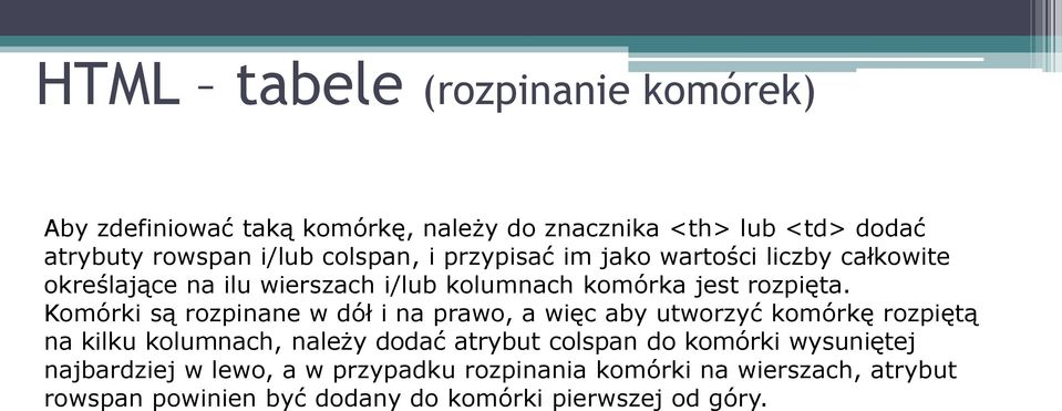 Komórki są rozpinane w dół i na prawo, a więc aby utworzyć komórkę rozpiętą na kilku kolumnach, należy dodać atrybut colspan do