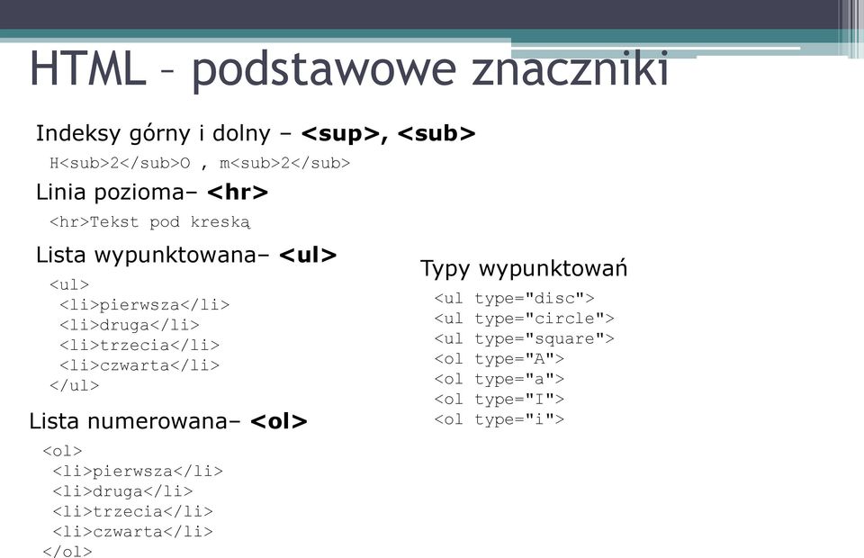 <li>czwarta</li> </ul> Lista numerowana <ol> <ol> <li>pierwsza</li> <li>druga</li> <li>trzecia</li>