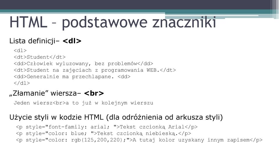 <dd> </dl> Złamanie wiersza <br> Jeden wiersz<br>a to już w kolejnym wierszu Użycie styli w kodzie HTML (dla odróżnienia od