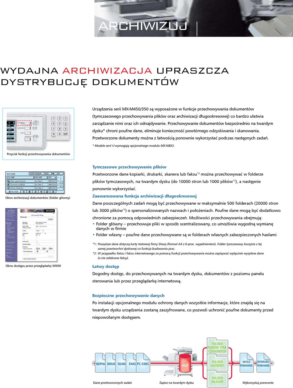 Przechowywanie dokumentów bezpośrednio na twardym dysku* chroni poufne dane, eliminuje konieczność powtórnego odzyskiwania i skanowania.