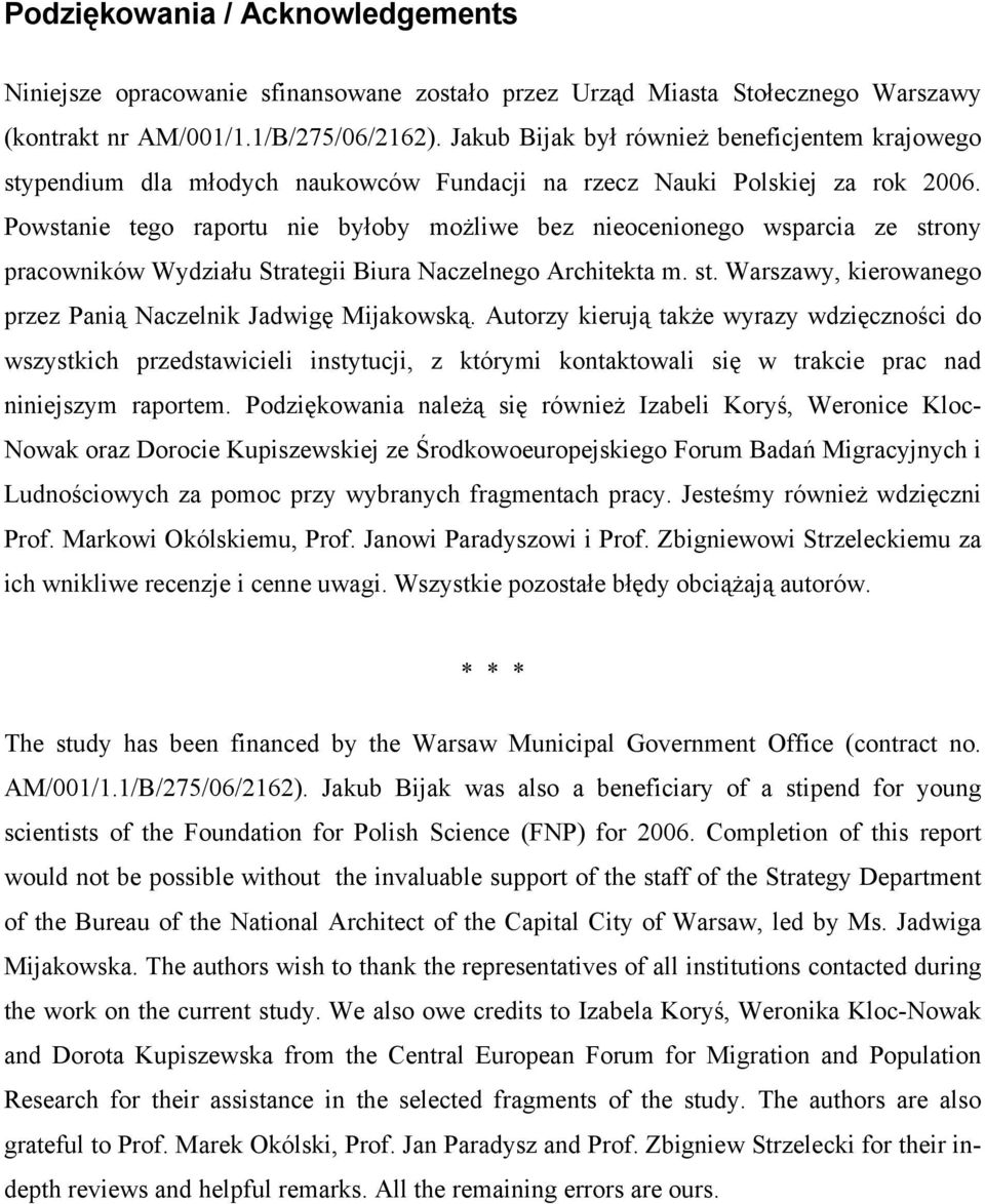 Powstanie tego raportu nie byłoby możliwe bez nieocenionego wsparcia ze strony pracowników Wydziału Strategii Biura Naczelnego Architekta m. st. Warszawy, kierowanego przez Panią Naczelnik Jadwigę Mijakowską.