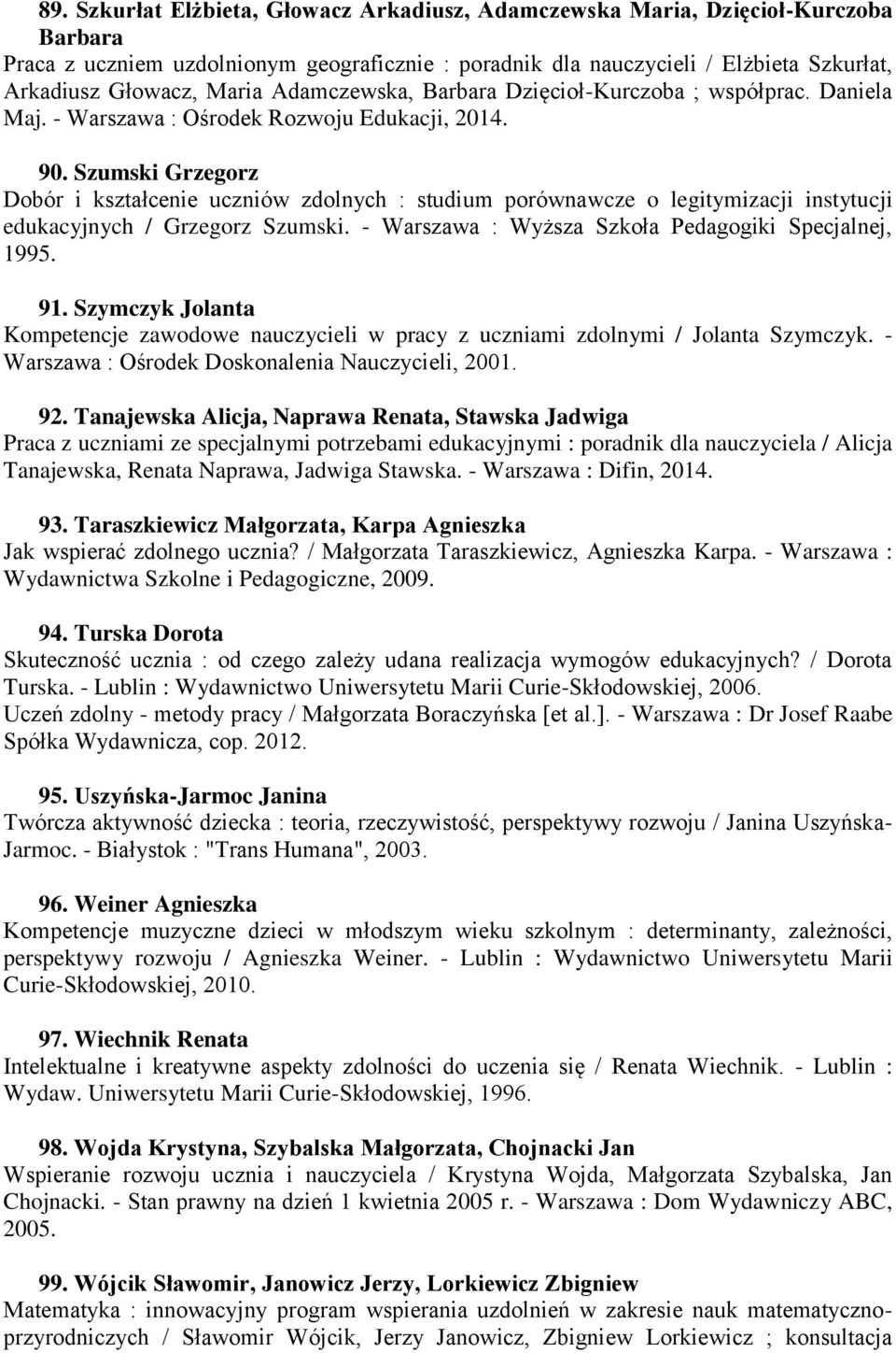 Szumski Grzegorz Dobór i kształcenie uczniów zdolnych : studium porównawcze o legitymizacji instytucji edukacyjnych / Grzegorz Szumski. - Warszawa : Wyższa Szkoła Pedagogiki Specjalnej, 1995. 91.