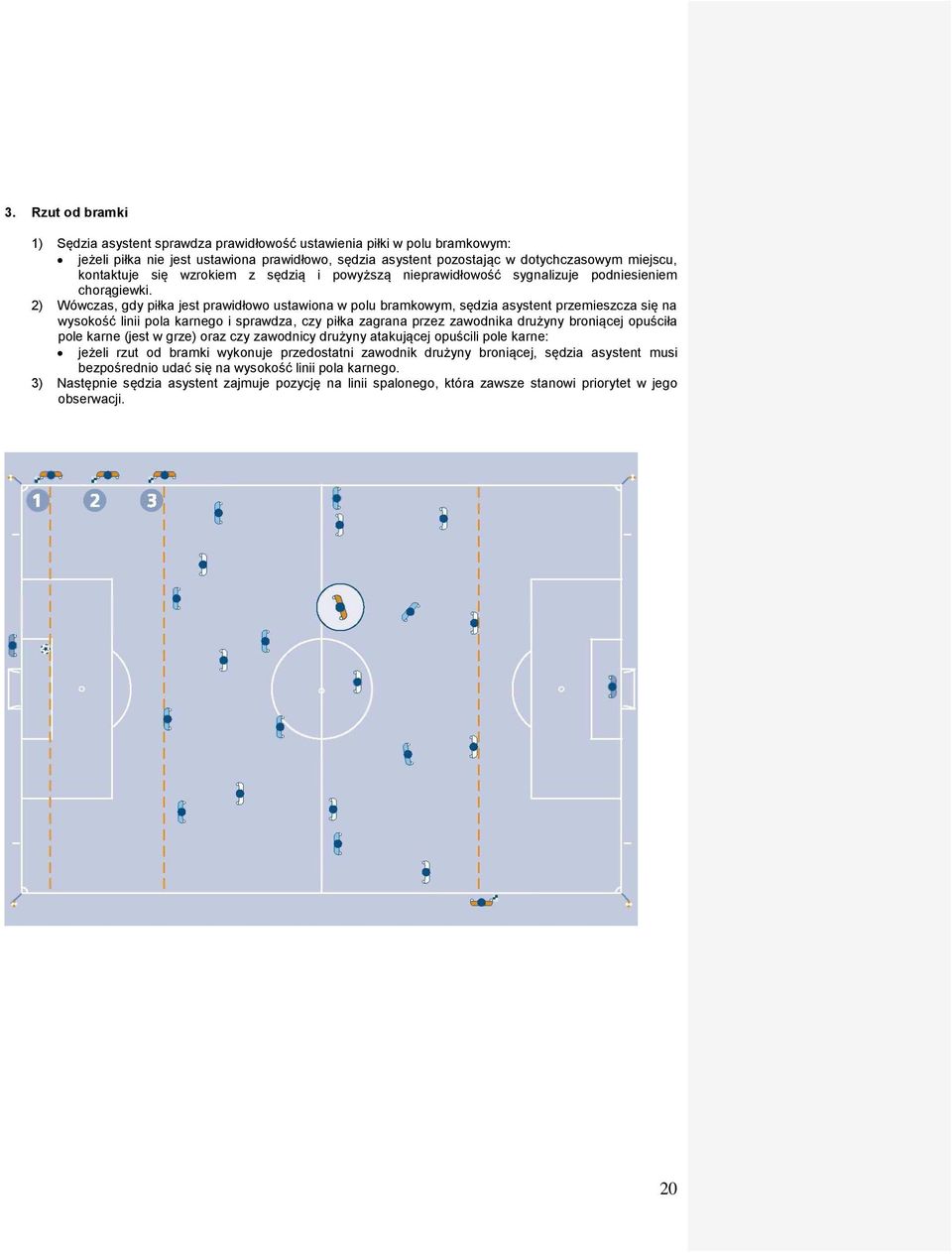 2) Wówczas, gdy piłka jest prawidłowo ustawiona w polu bramkowym, sędzia asystent przemieszcza się na wysokość linii pola karnego i sprawdza, czy piłka zagrana przez zawodnika drużyny broniącej