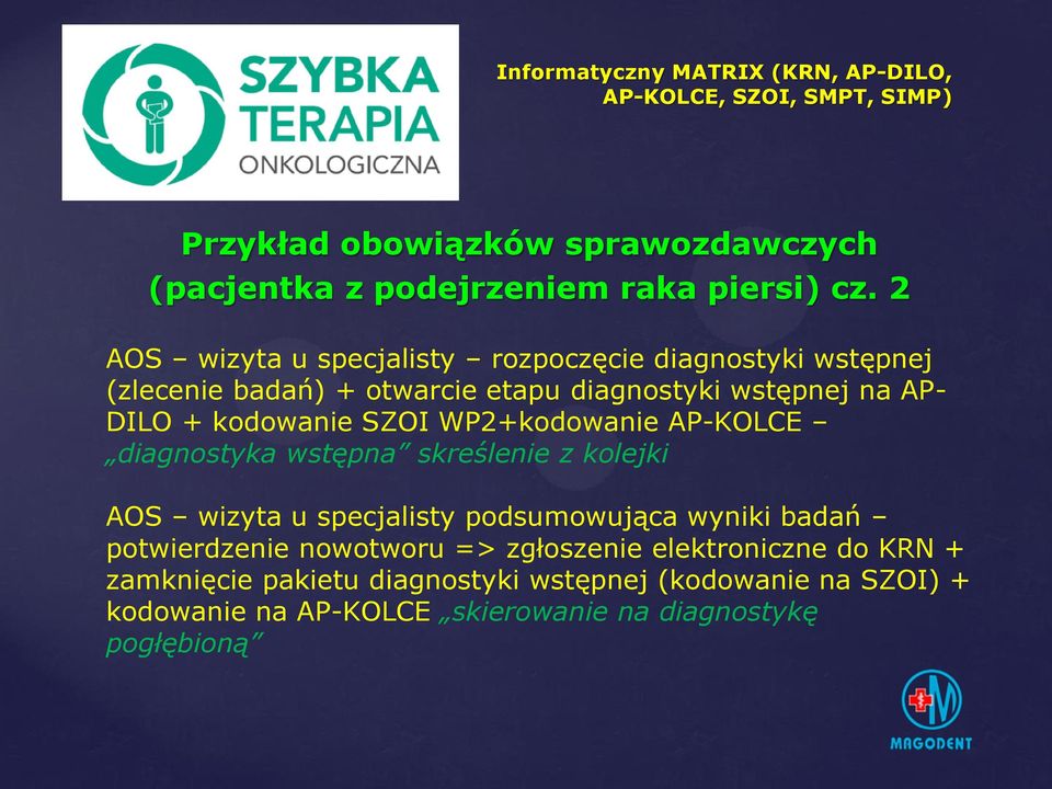 WP2+kodowanie AP-KOLCE diagnostyka wstępna skreślenie z kolejki AOS wizyta u specjalisty podsumowująca wyniki badań potwierdzenie nowotworu =>