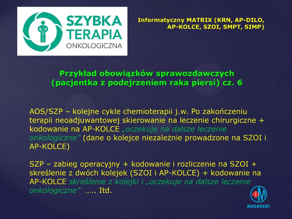 Po zakończeniu terapii neoadjuwantowej skierowanie na leczenie chirurgiczne + kodowanie na AP-KOLCE oczekuje na dalsze leczenie onkologiczne