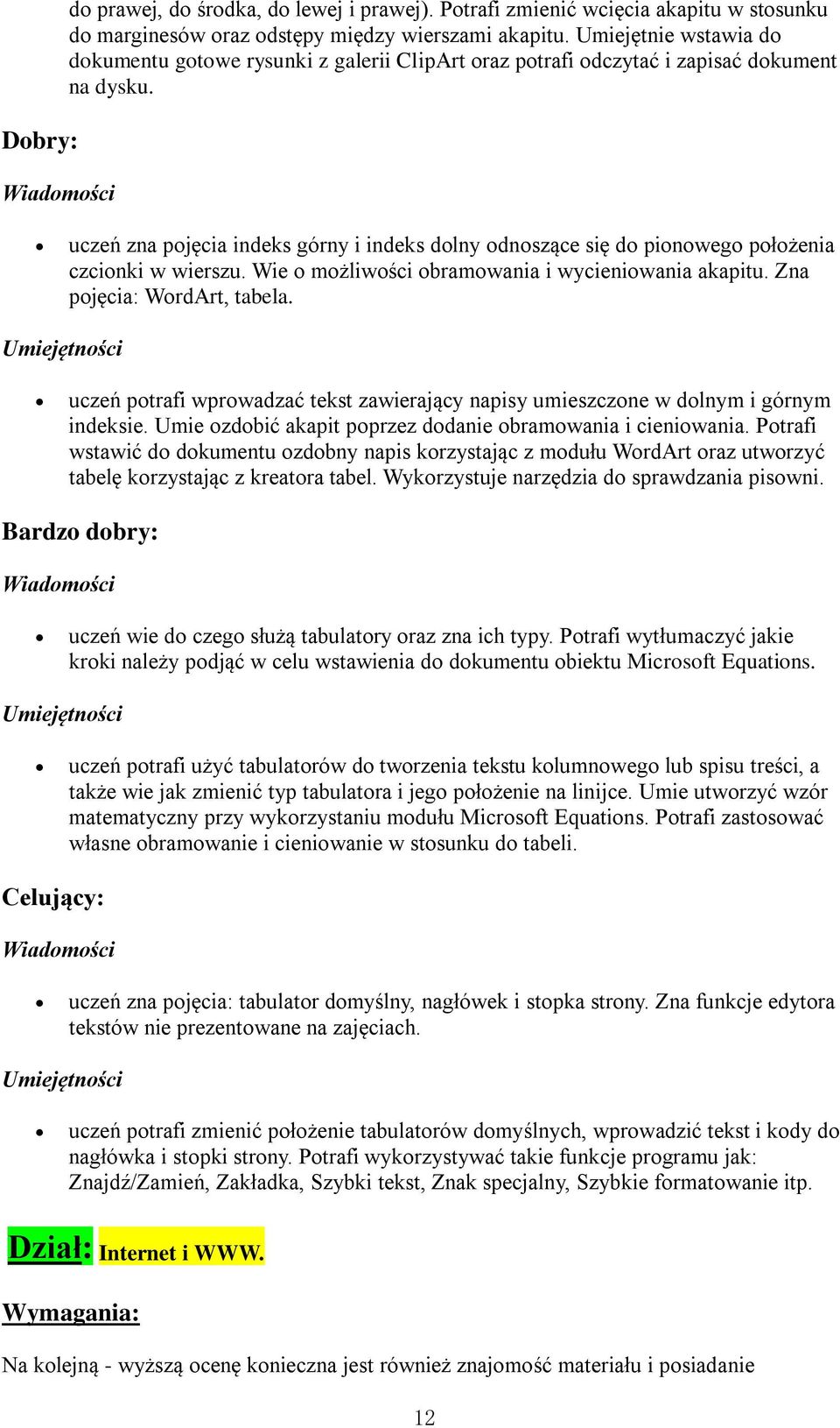 Wie mżliwści bramwania i wycieniwania akapitu. Zna pjęcia: WrdArt, tabela. uczeń ptrafi wprwadzać tekst zawierający napisy umieszczne w dlnym i górnym indeksie.